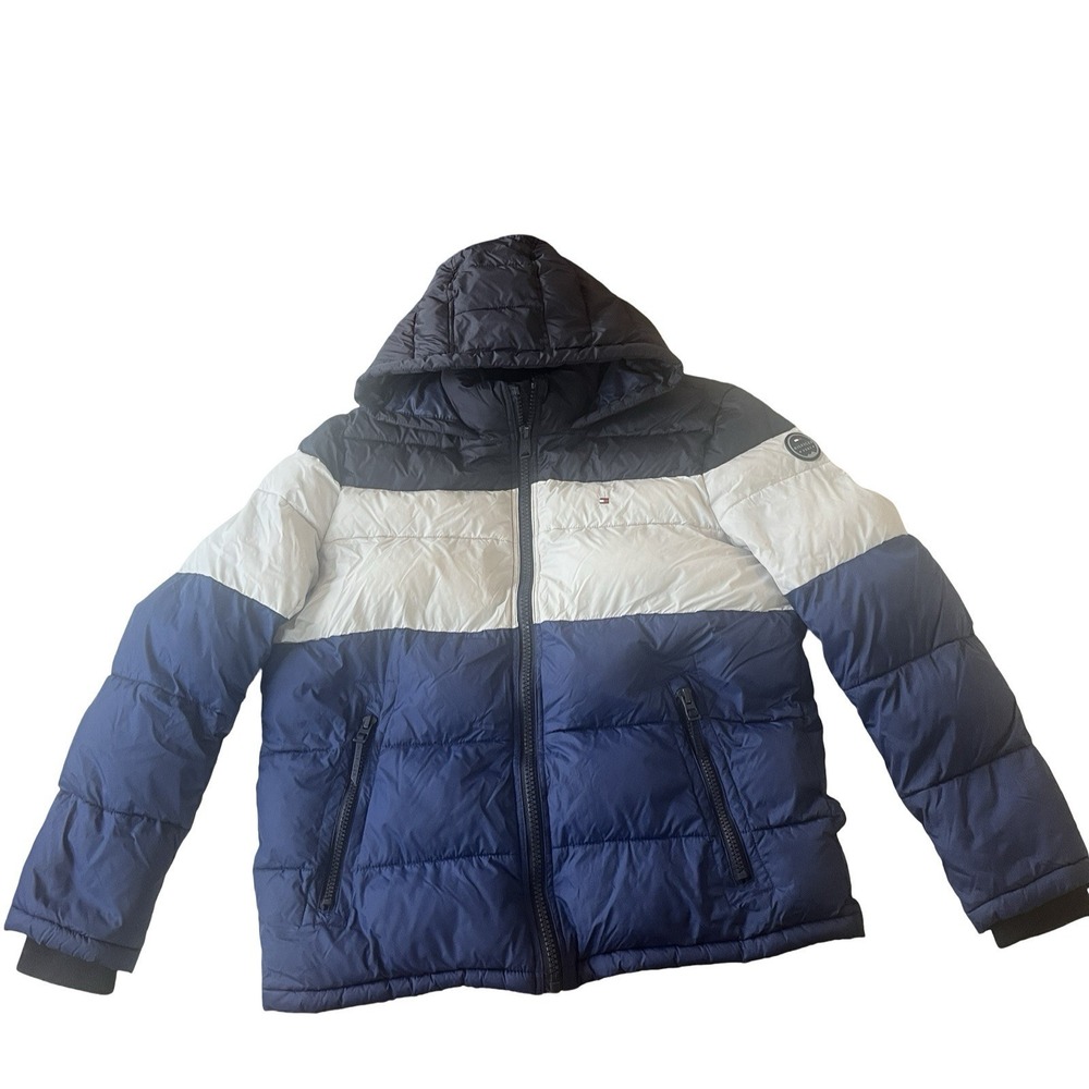 Tommy Hilfiger Men's Size XL Puffer‎ Jacket Gray Navy Blue Colorblock Hooded